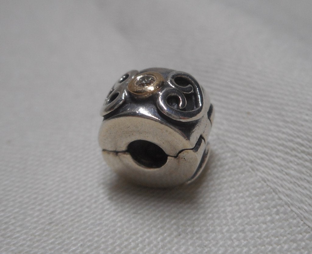 Zilveren Pandora Clip bedel met 14 kt goud en diamant nr.659, Verzenden, Pandora, Zo goed als nieuw, 1 bedel