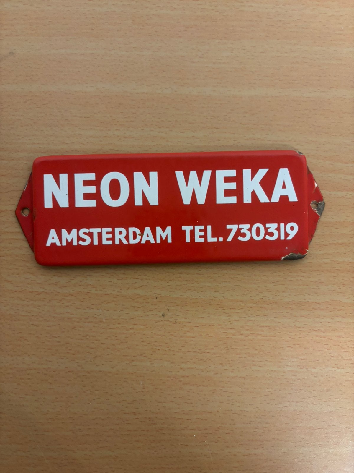 Emaille bord deurpost Neon Weka Amsterdam, Verzamelen, Merken en Reclamevoorwerpen, Ophalen of Verzenden, Zo goed als nieuw, Reclamebord