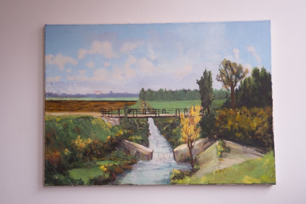 Schilderij Hollands landschap met brug, Ophalen of Verzenden, Landschap