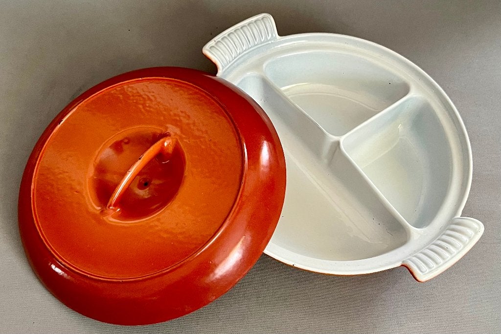 Vintage DRU Drievakspan / Ovenschaal, Gietijzer/Emaille 50s, Gebruikt, Gietijzer, Ophalen of Verzenden, Kookpan