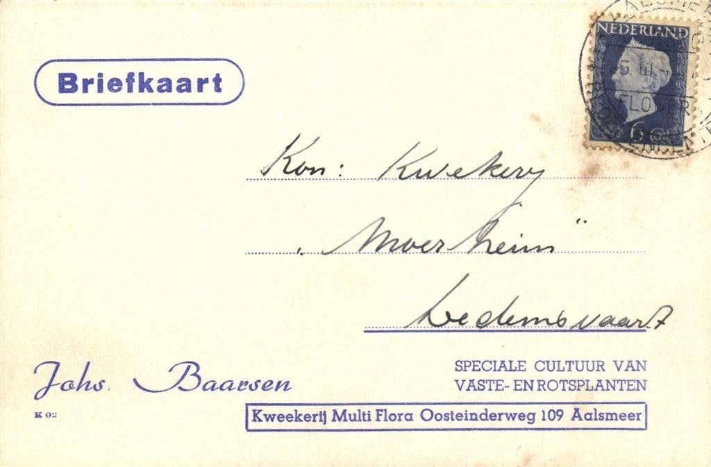 Johs Baarsen, Aalsmeer - 03.1949 - briefkaart, Postzegels en Munten, Ophalen of Verzenden, Briefkaart