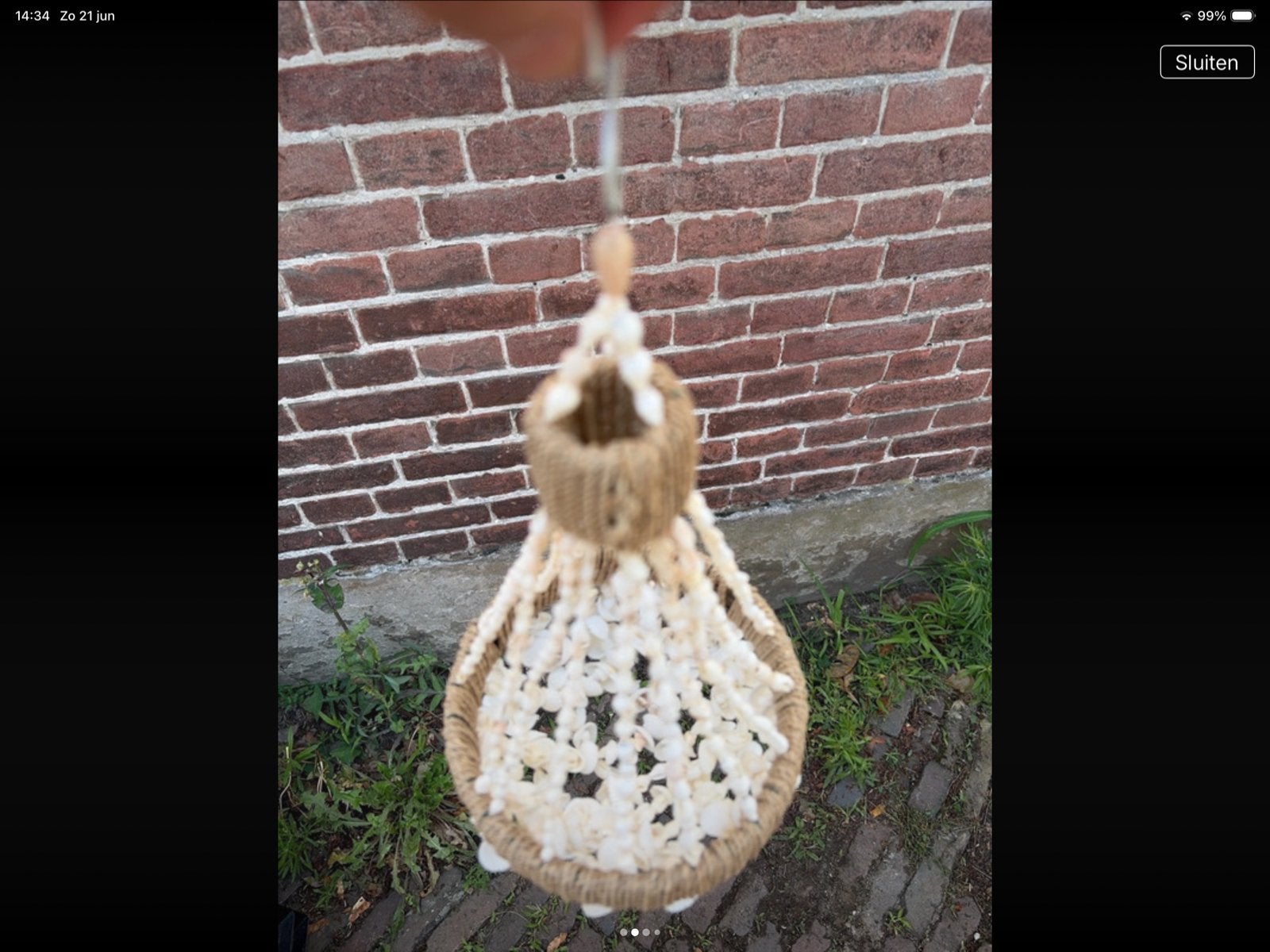 Hangmandje van schelpen en touw, 40cm, Beige, Boho, Nieuw, Ophalen of Verzenden