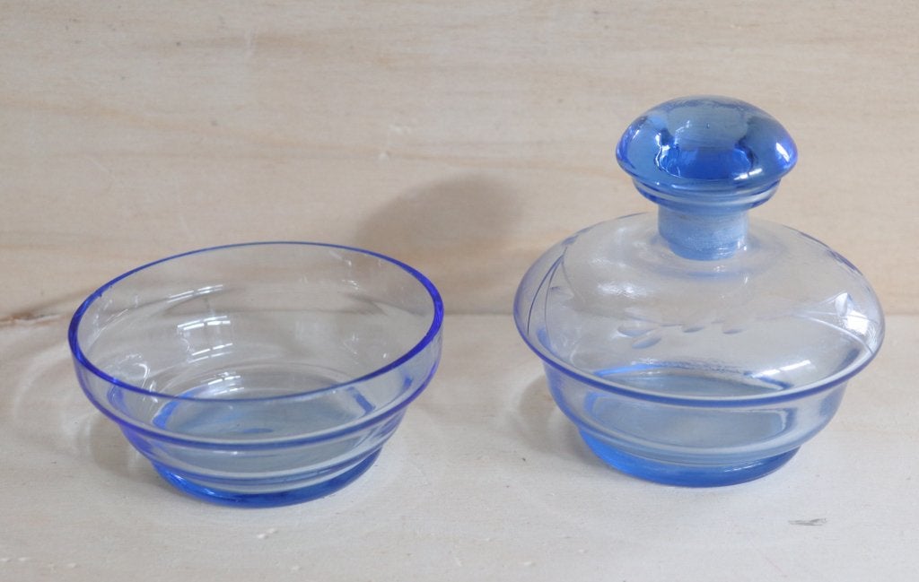 Antiek Art Deco parfumflesje met stop + schaaltje ca. 1930, Ophalen of Verzenden