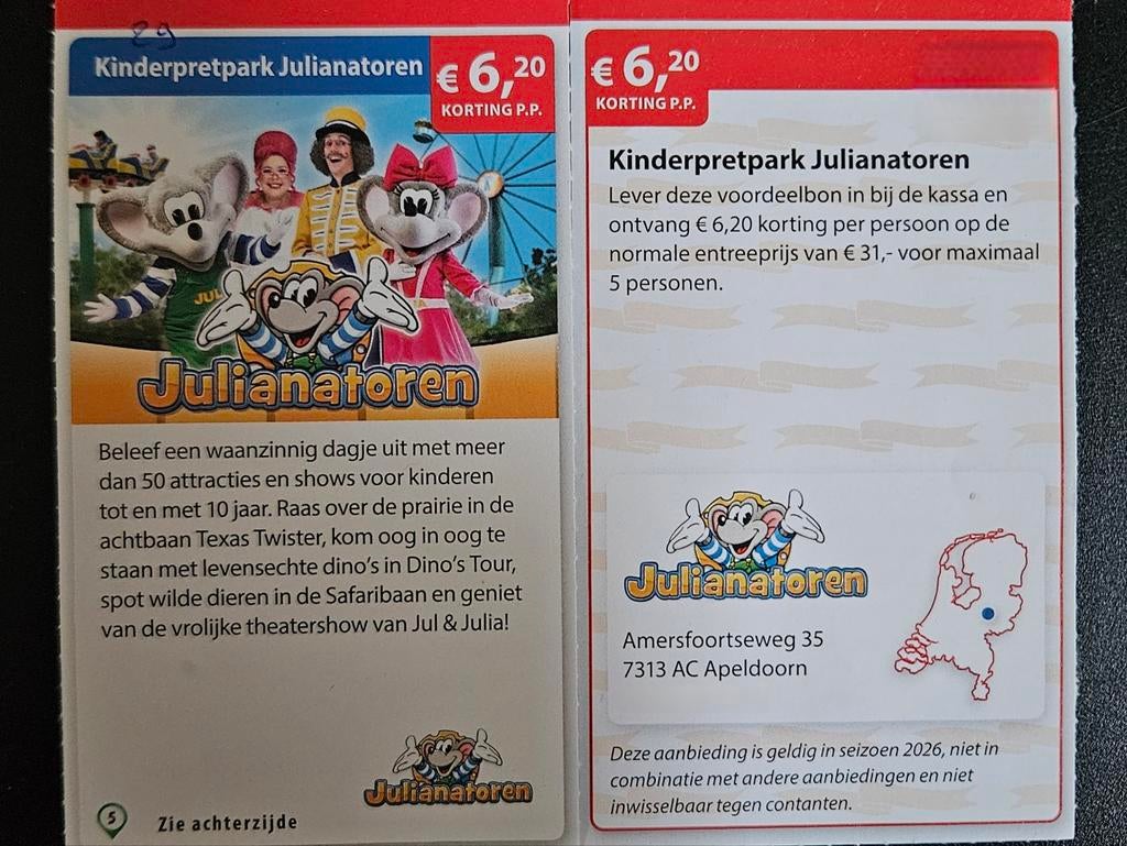 Kinderpretpark Julianatoren €6,20 korting p.p., Tickets en Kaartjes, Kortingen en Cadeaubonnen
