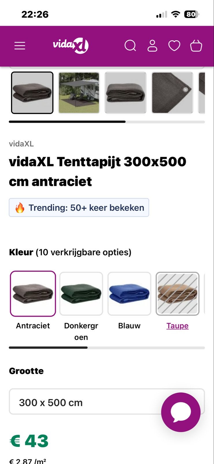 Keurig tenttapijt 300x500 cm in antraciet, Ophalen, Zo goed als nieuw