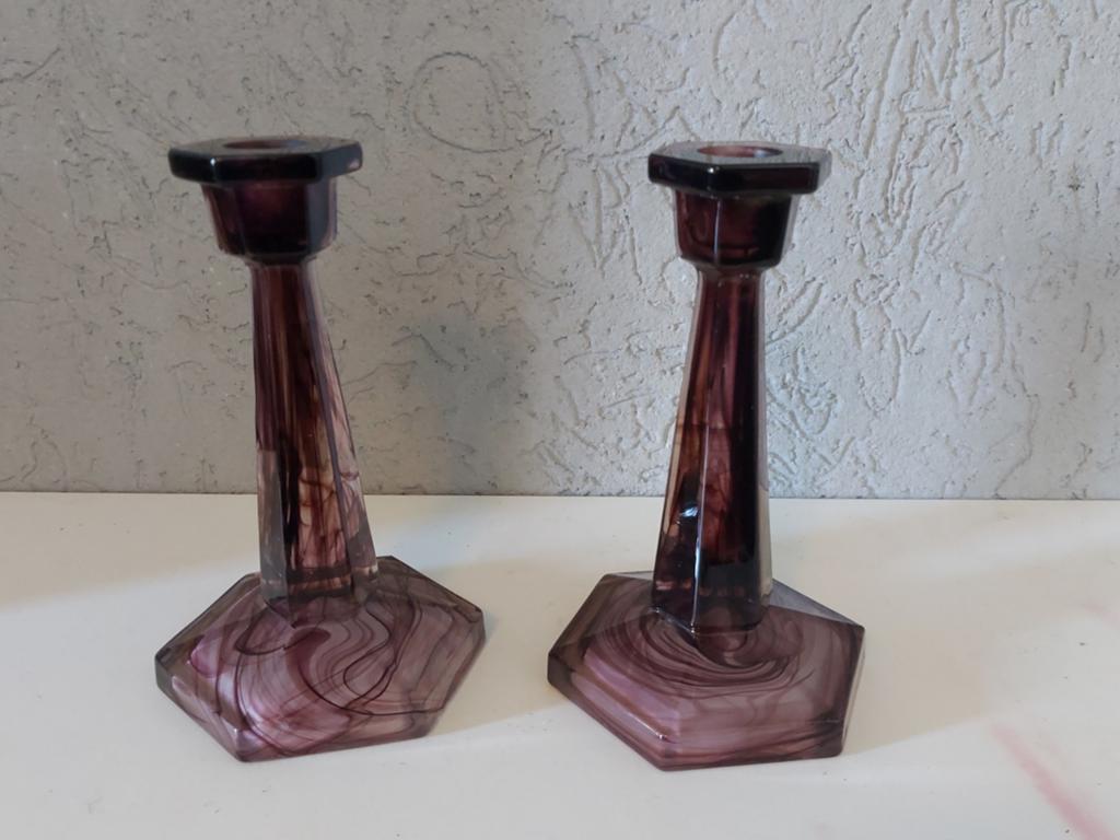2 Davidson Cloudglas Kandelaars paars, Antiek en Kunst, Ophalen of Verzenden, Glas