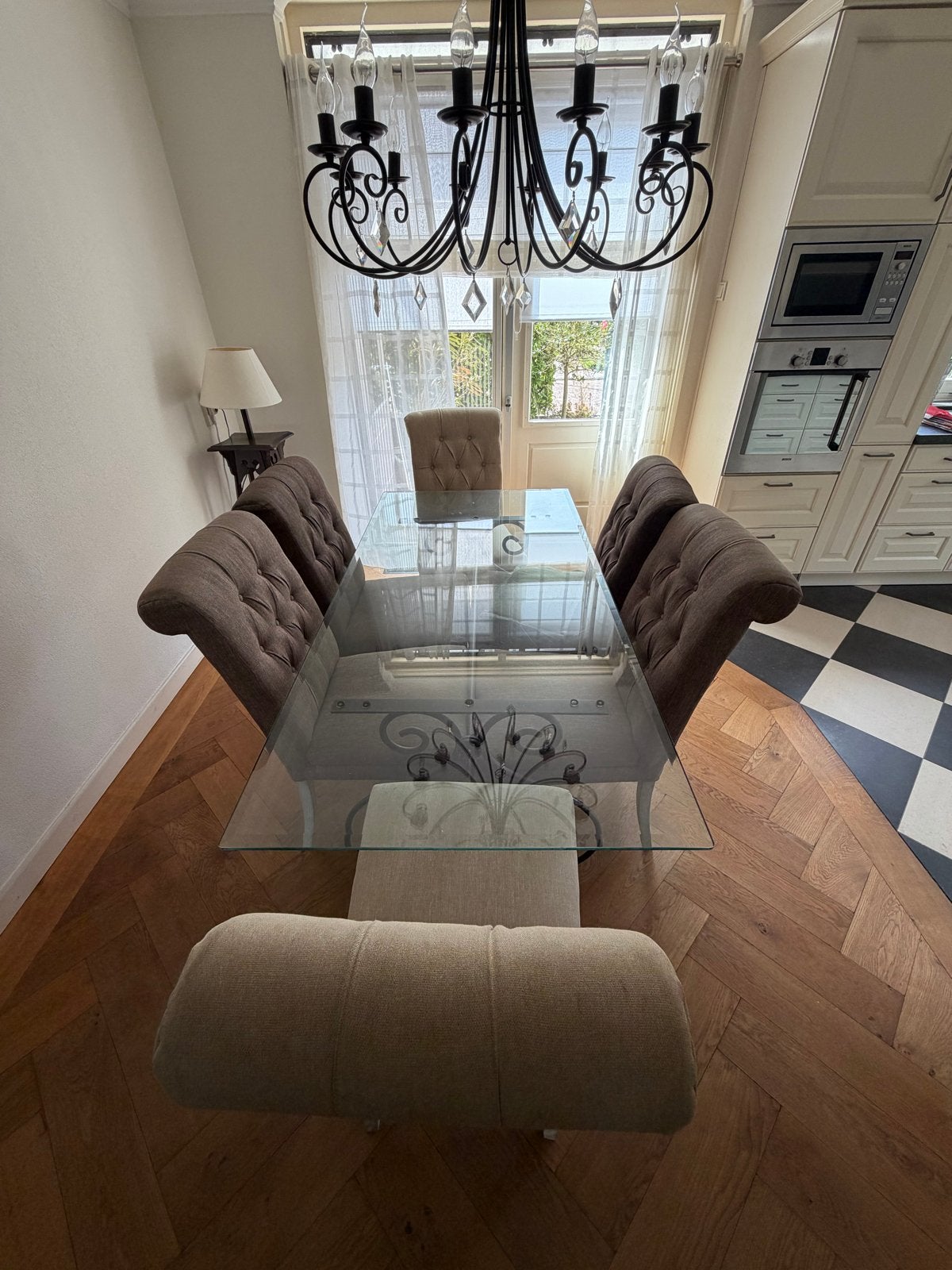 Glazen eettafel met 6 stoelen, Ophalen, Gebruikt, 50 tot 100 cm, Glas