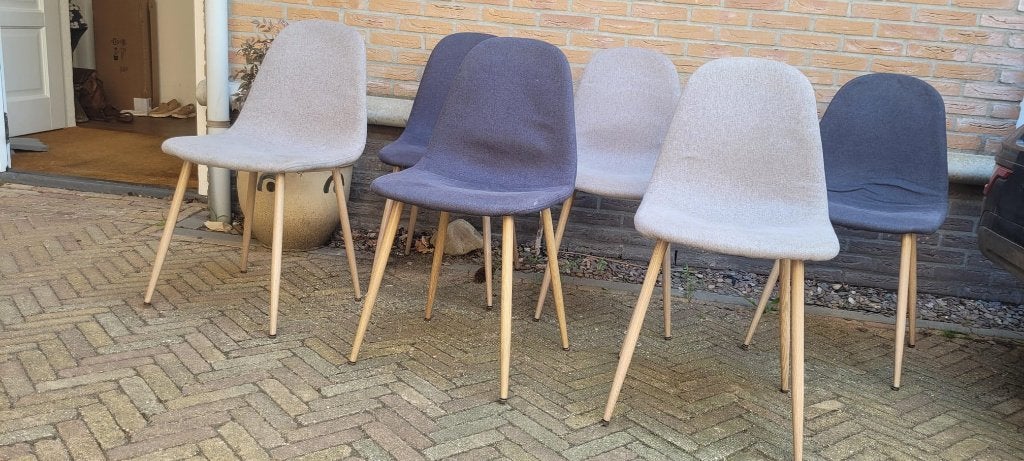 6 eetkamerstoelen donker/lichtgrijs, Ophalen, Gebruikt, Stof, Grijs