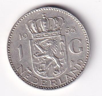 1 Gulden 1955 met rand deukje en Patina, Postzegels en Munten, Munten | Nederland, 1 gulden, Koningin Juliana, Verzenden, Zilver