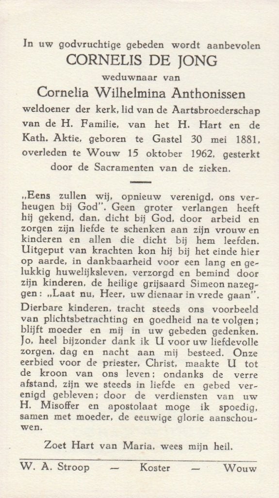 brabant-de jong-kemmeren-v der laan-leermakers-de leeuw, Ophalen of Verzenden, Bidprentje