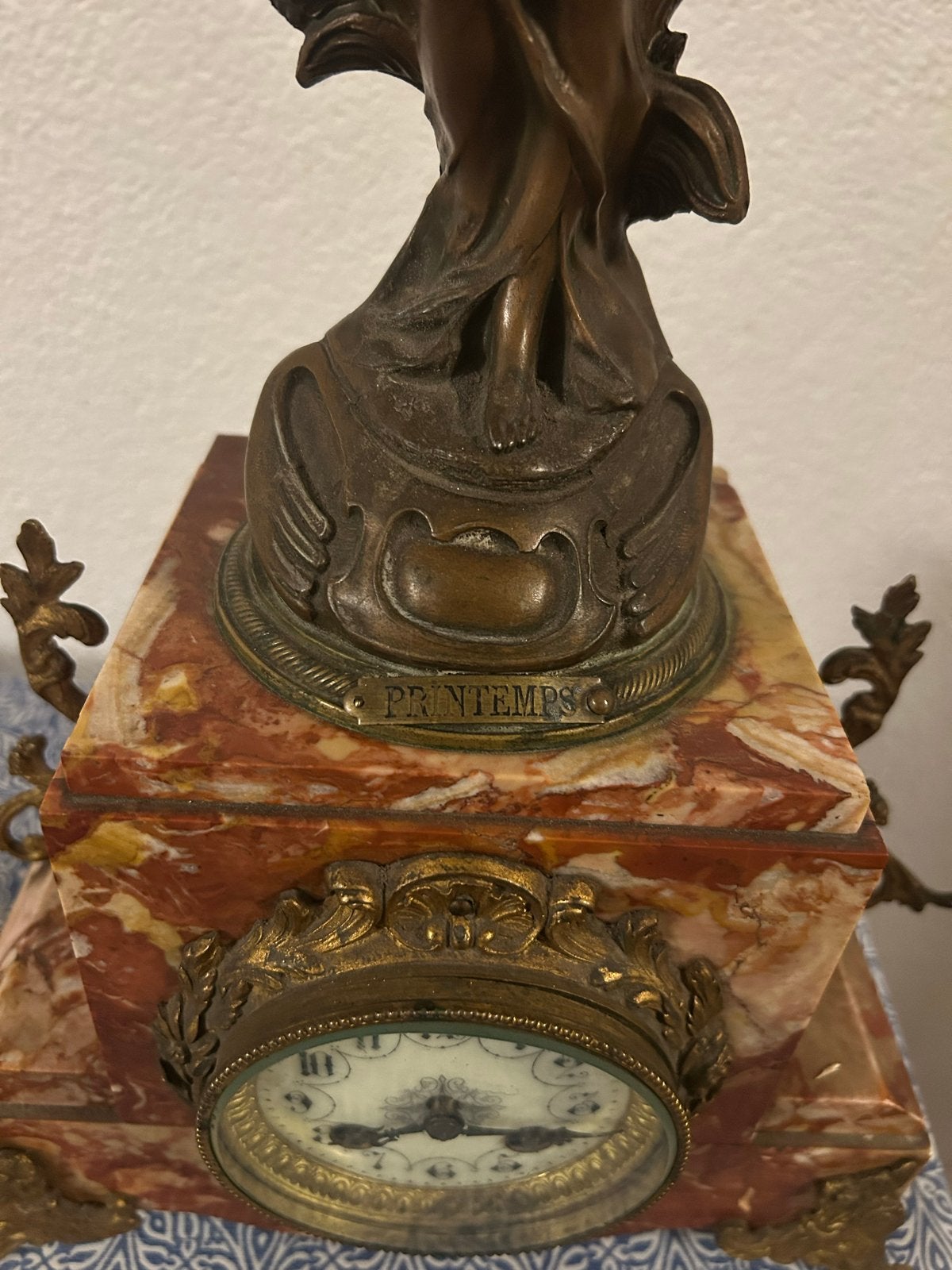 Antieke marmeren klok met bronzen beeld 'Printemps', Ophalen