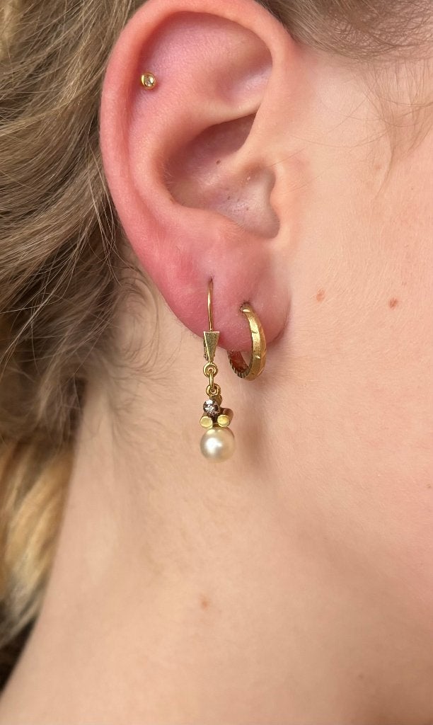 Diamanten parel 14k gouden fraai set oorbellen dames, Hangers, Voordeelsieraden, Ophalen of Verzenden, Zo goed als nieuw
