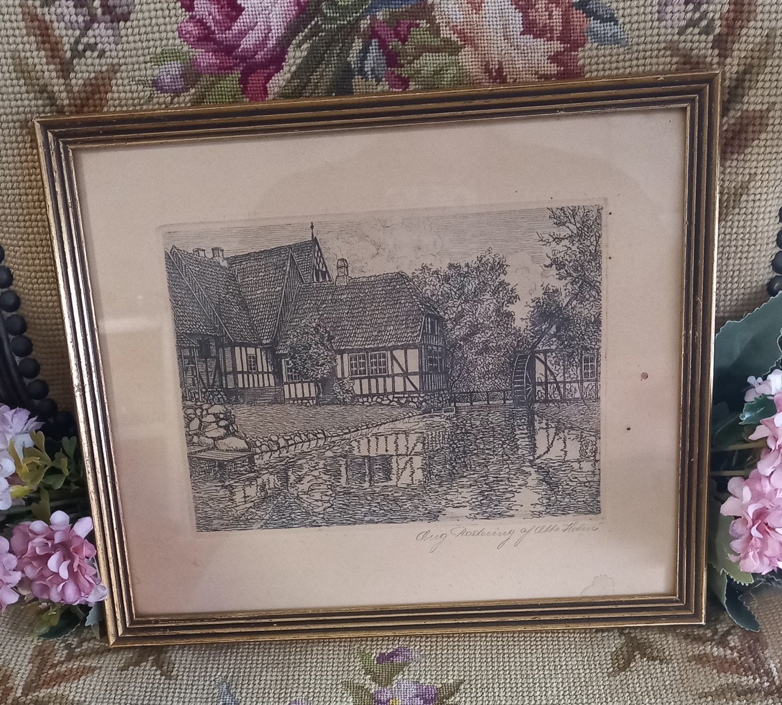 Mooie ets, vakwerkhuizen, watermolen, Otto Holm (Denemarken), Antiek en Kunst, Ophalen of Verzenden