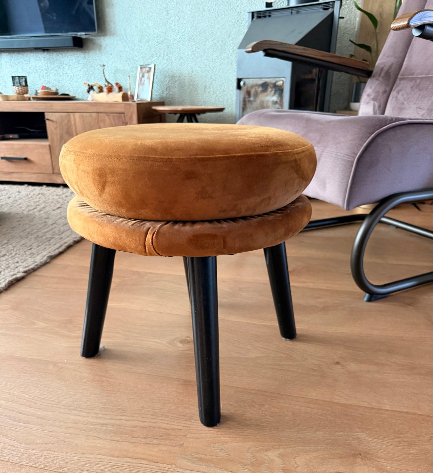 Fluwelen Poef - Okergeel - Diameter 42 cm, Ophalen, Gebruikt, Overige materialen