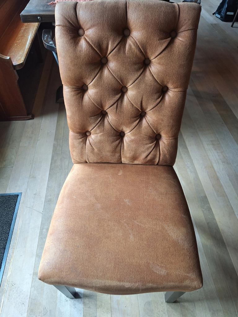 Set van 3 terrakleur eetkamerstoelen met knopen, Ophalen, Gebruikt, Drie, Stof