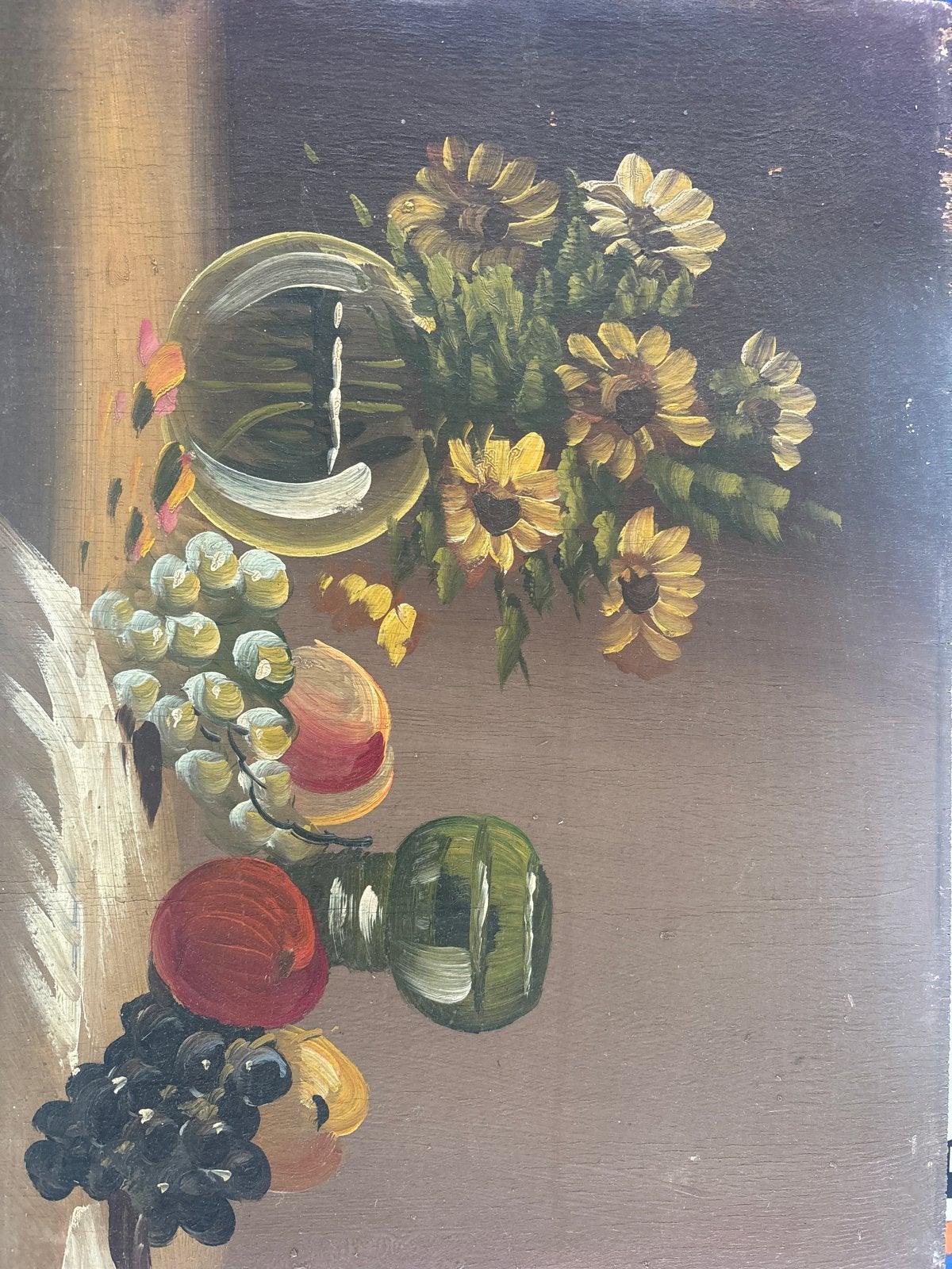 Vintage stilleven met bloemen en fruit, olieverf op paneel, Paneel, Stilleven, Ophalen of Verzenden, Handgeschilderd
