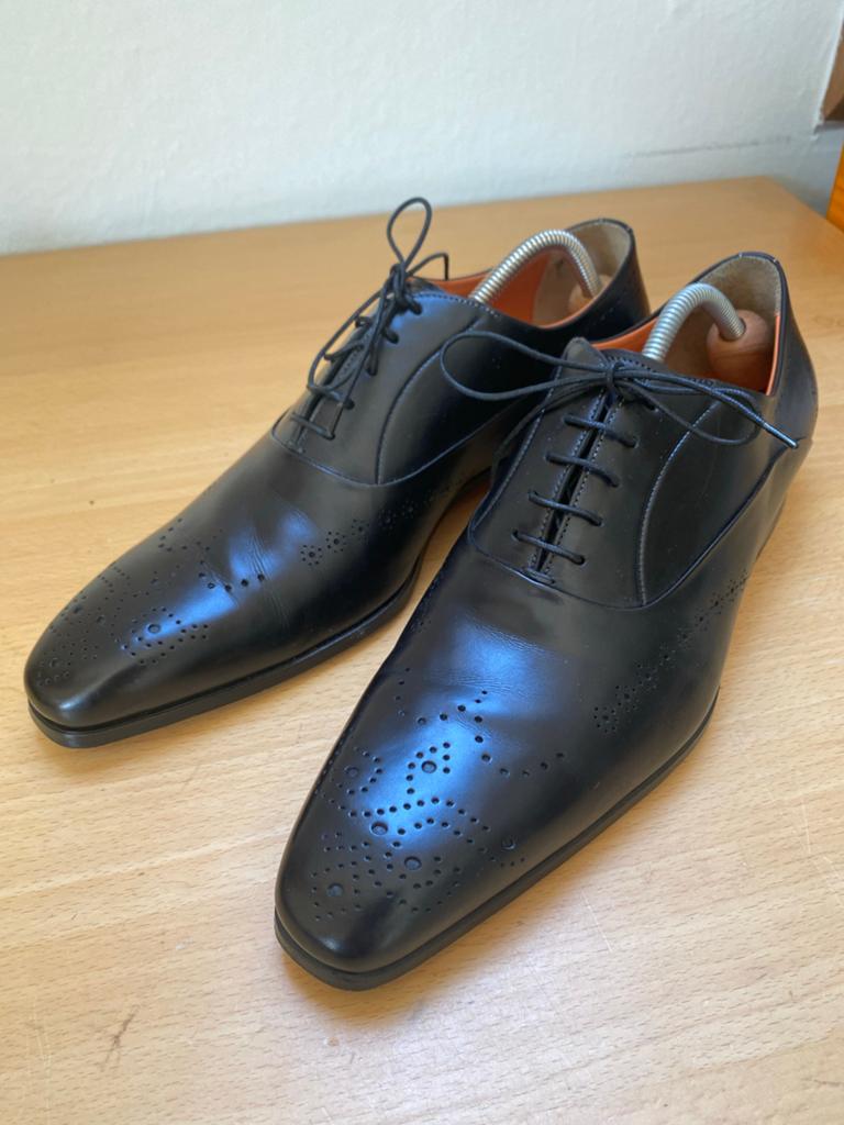 Santoni Zwarte Kalfsleren Italiaanse Schoenen Maat 42/42.5, Verzenden, Zwart, Zo goed als nieuw, Veterschoenen