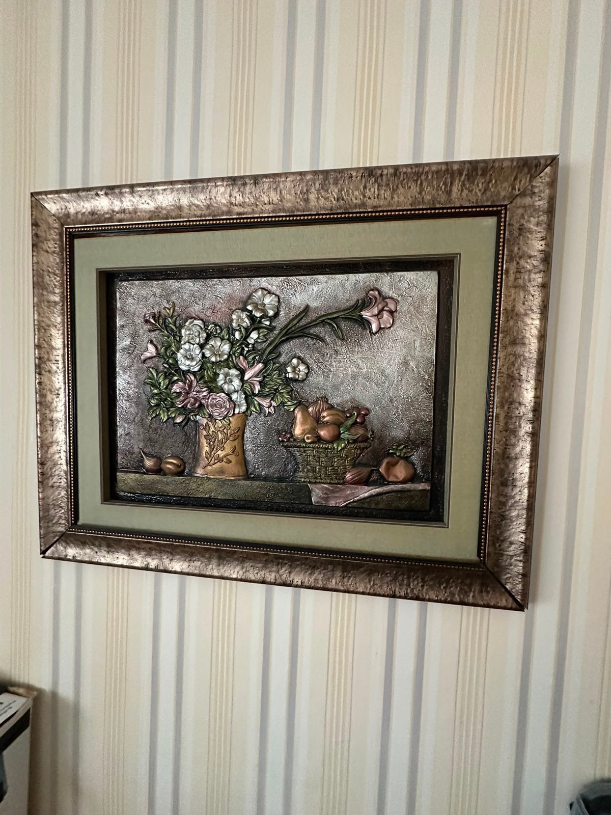 Prachtig 3D stilleven schilderij met bloemen en fruit, Ophalen, 50 – 75, Zo goed als nieuw, Schilderij