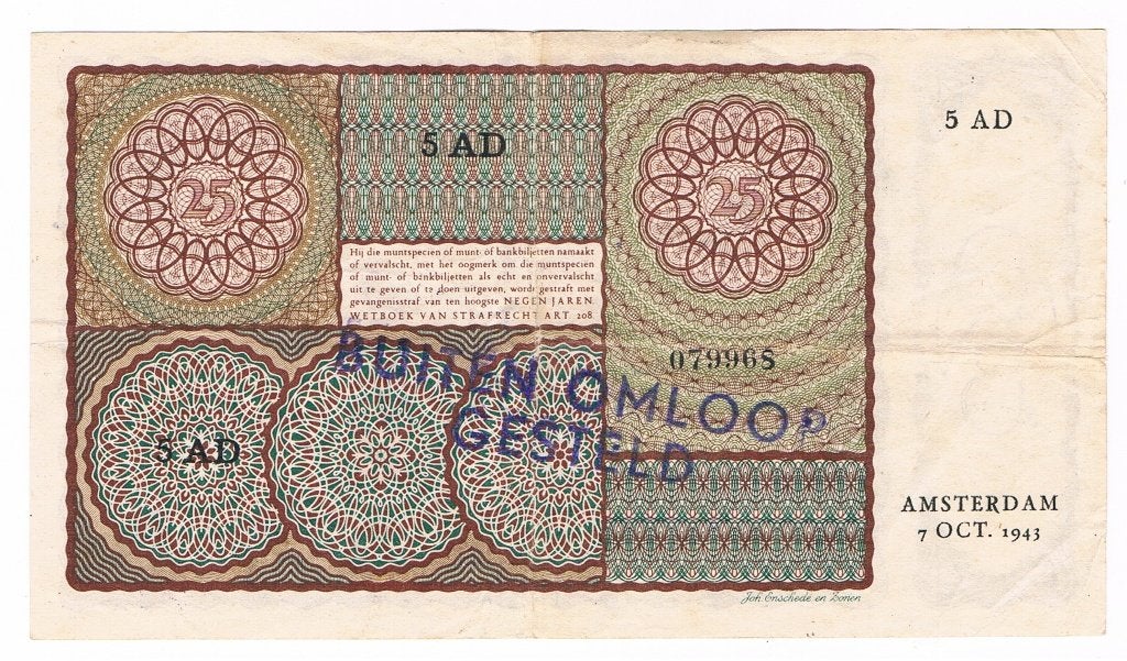 25 gulden 7 oktober 1943 Prinsesje, Postzegels en Munten, Bankbiljetten | Nederland, Verzenden, 25 gulden, Los biljet