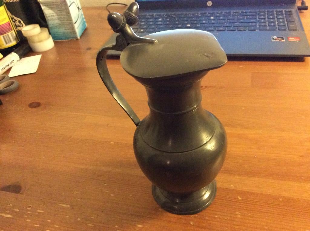 Vintage tinnen kan met scharnierend deksel. 2 eikels hendel, Ophalen of Verzenden