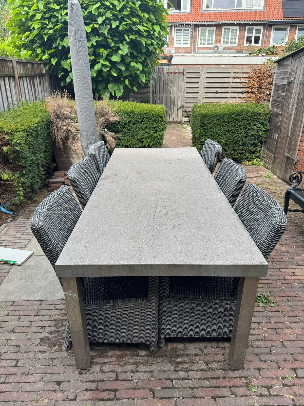 Borek granieten tuintafel met 6x 4 Seasons tuinstoelen, Ophalen, Gebruikt, Rechthoekig, Overige materialen