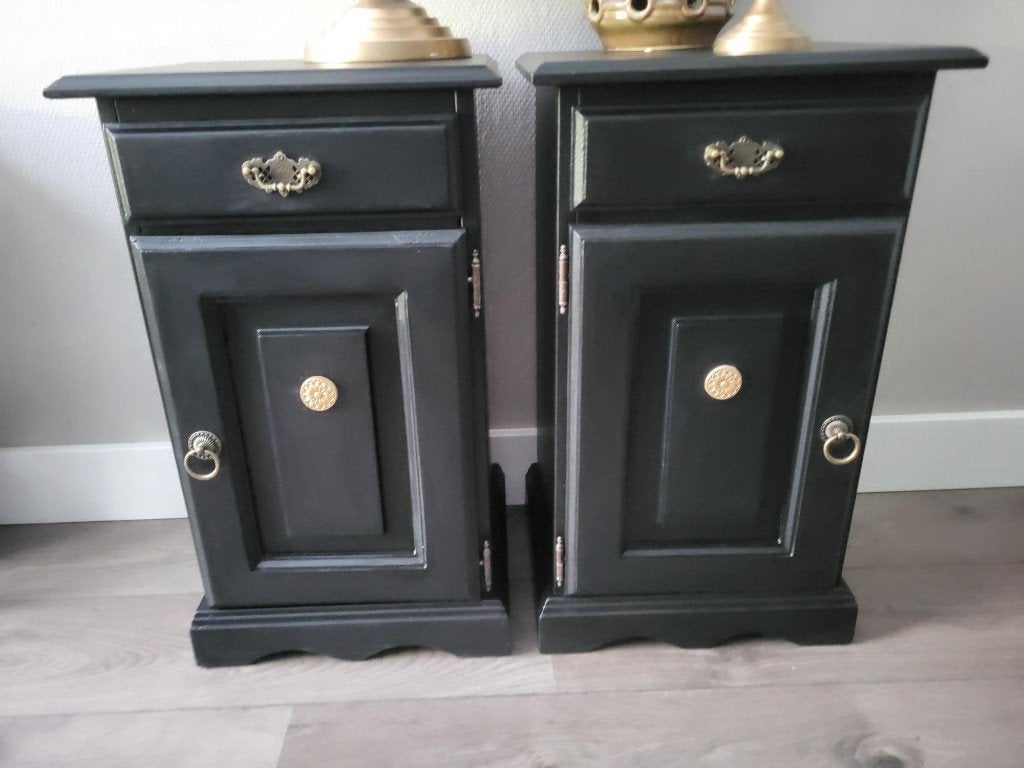 Set van 2 brocante mat zwarte nachtkastjes, Ophalen, Minder dan 45 cm, Nieuw, 55 tot 70 cm