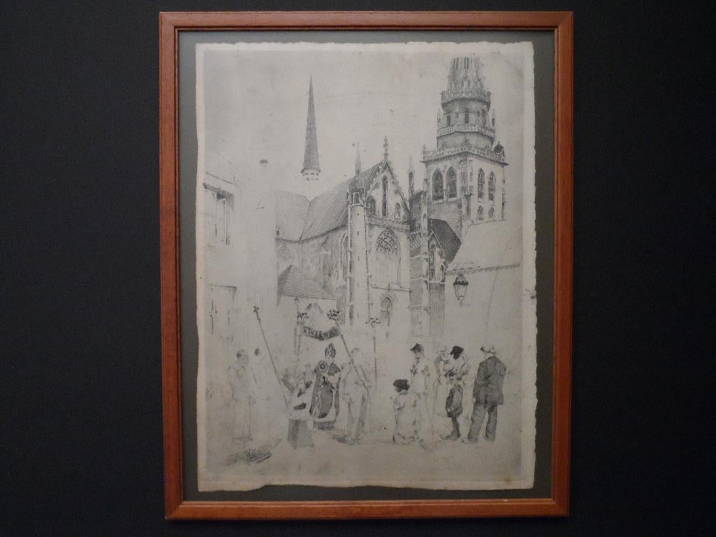 Gedetailleerde tekening kerkuitgang Bisschop met monstrans, Antiek en Kunst, Antiek | Religie, Ophalen of Verzenden