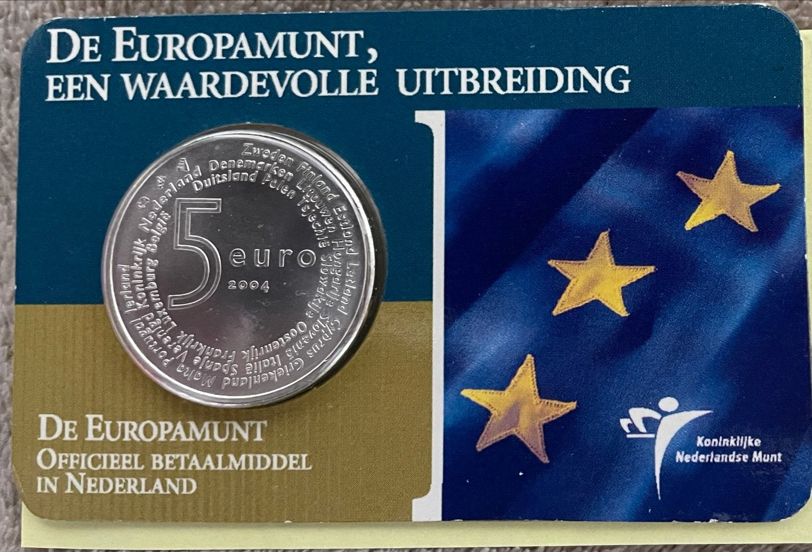 Europamunt 2004 zilveren 5 euro in coincard, Verzenden, Koningin Beatrix, Zilver, Euro's