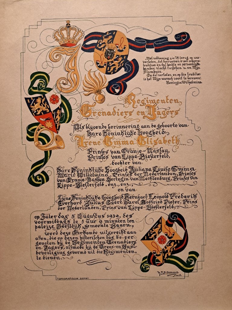 Herdenkings oorkonde Grenadiers & Jagers Prinses Irene, Verzenden, Landmacht, Nederland, Overige typen