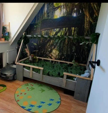 robuust houten jongensbed - Handgemaakt, Ophalen, 90 cm, Eenpersoons, Jungle thema, Avontuurlijk