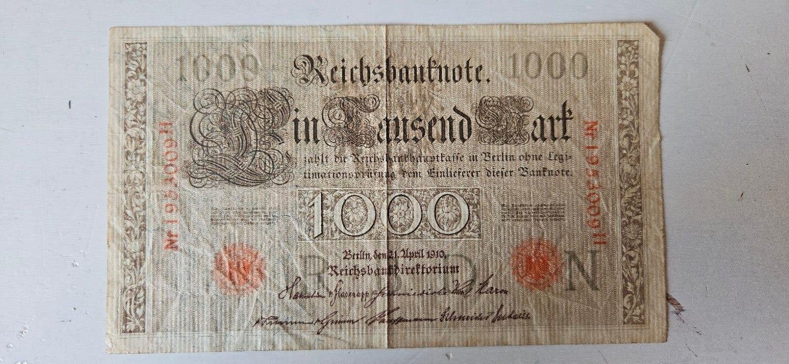 Zeldzaam 1000 Mark biljet uit 1910 - Duitsland, Ophalen, Overige landen, Los biljet