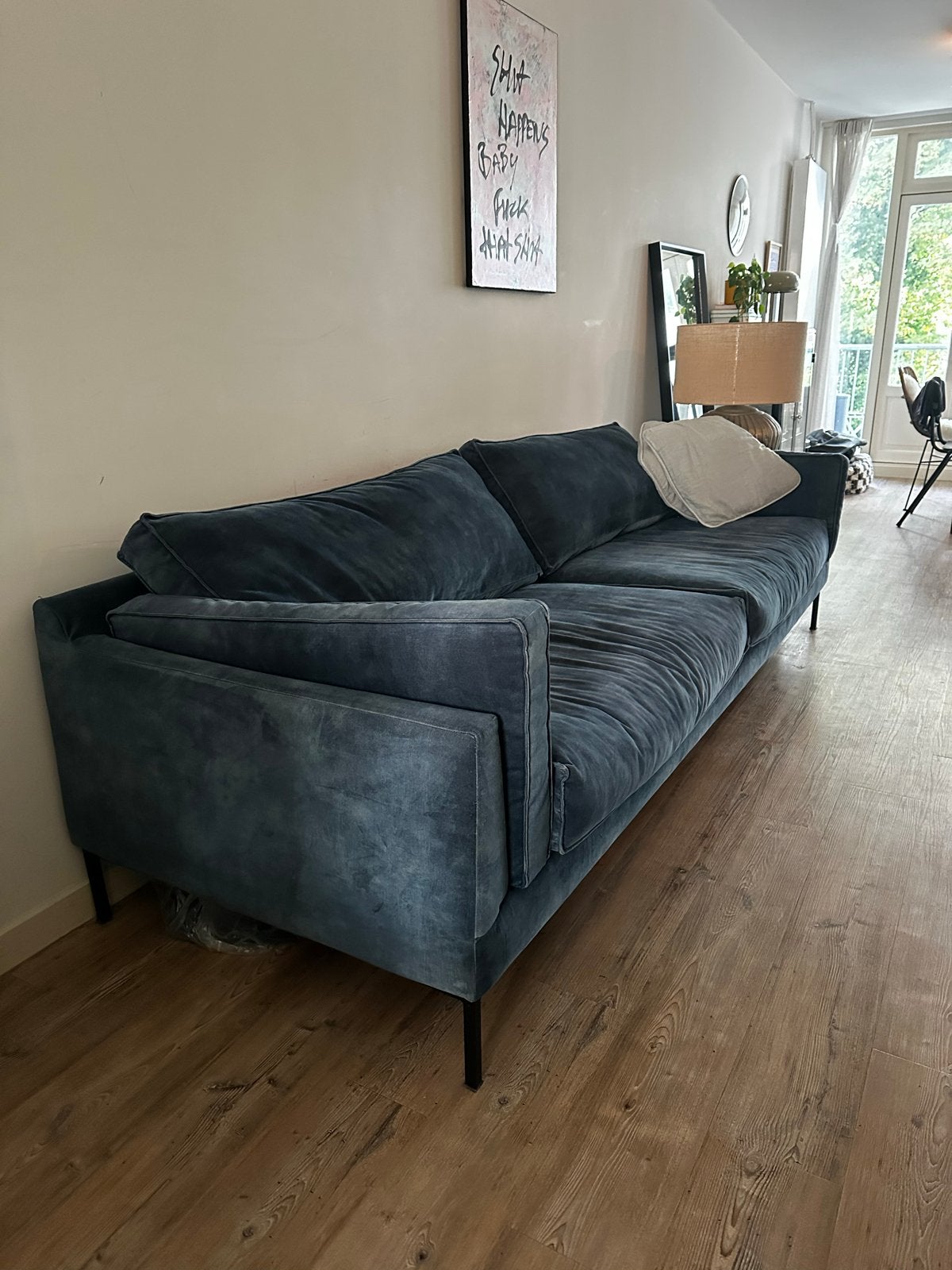 Decor bank - velvet blauw, Ophalen, Driepersoons, 75 tot 100 cm, Zo goed als nieuw
