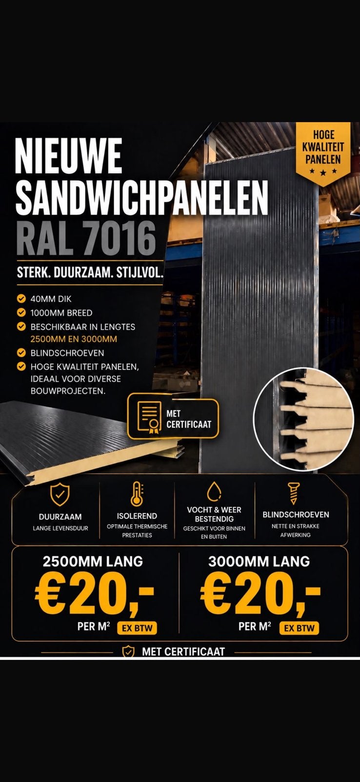 Nieuwe Sandwichpanelen RAL 7016 - 40mm dik certificaat, Doe-het-zelf en Verbouw, Ophalen, Nieuw, Overige materialen, 20 tot 50 mm