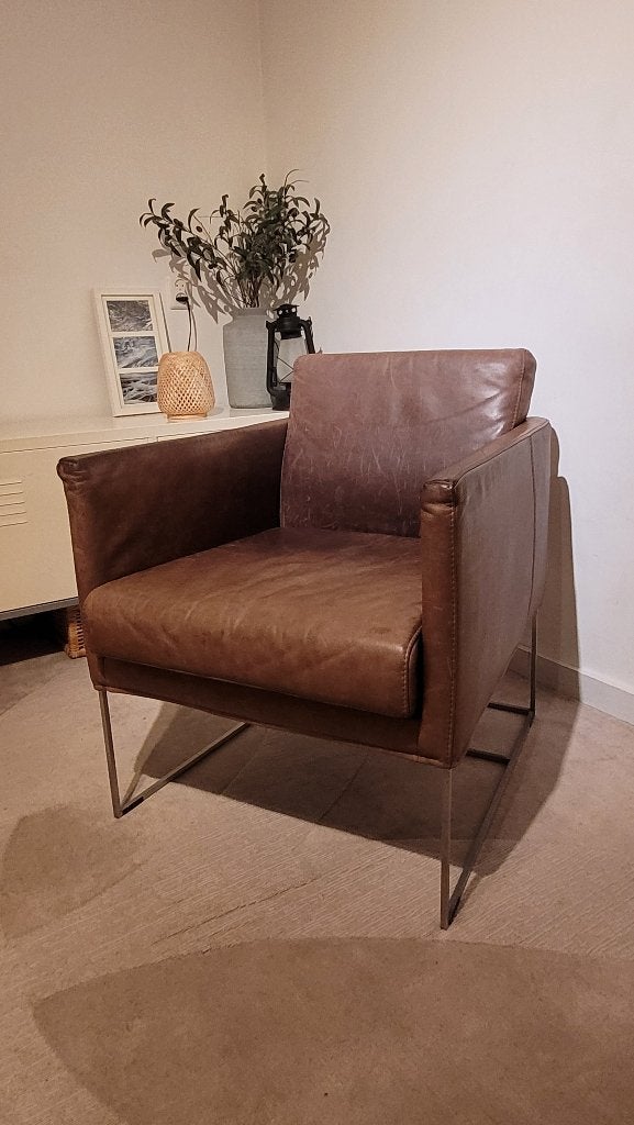 Leren design fauteuilstoel, Huis en Inrichting, Ophalen, Gebruikt, Minder dan 75 cm, Leer
