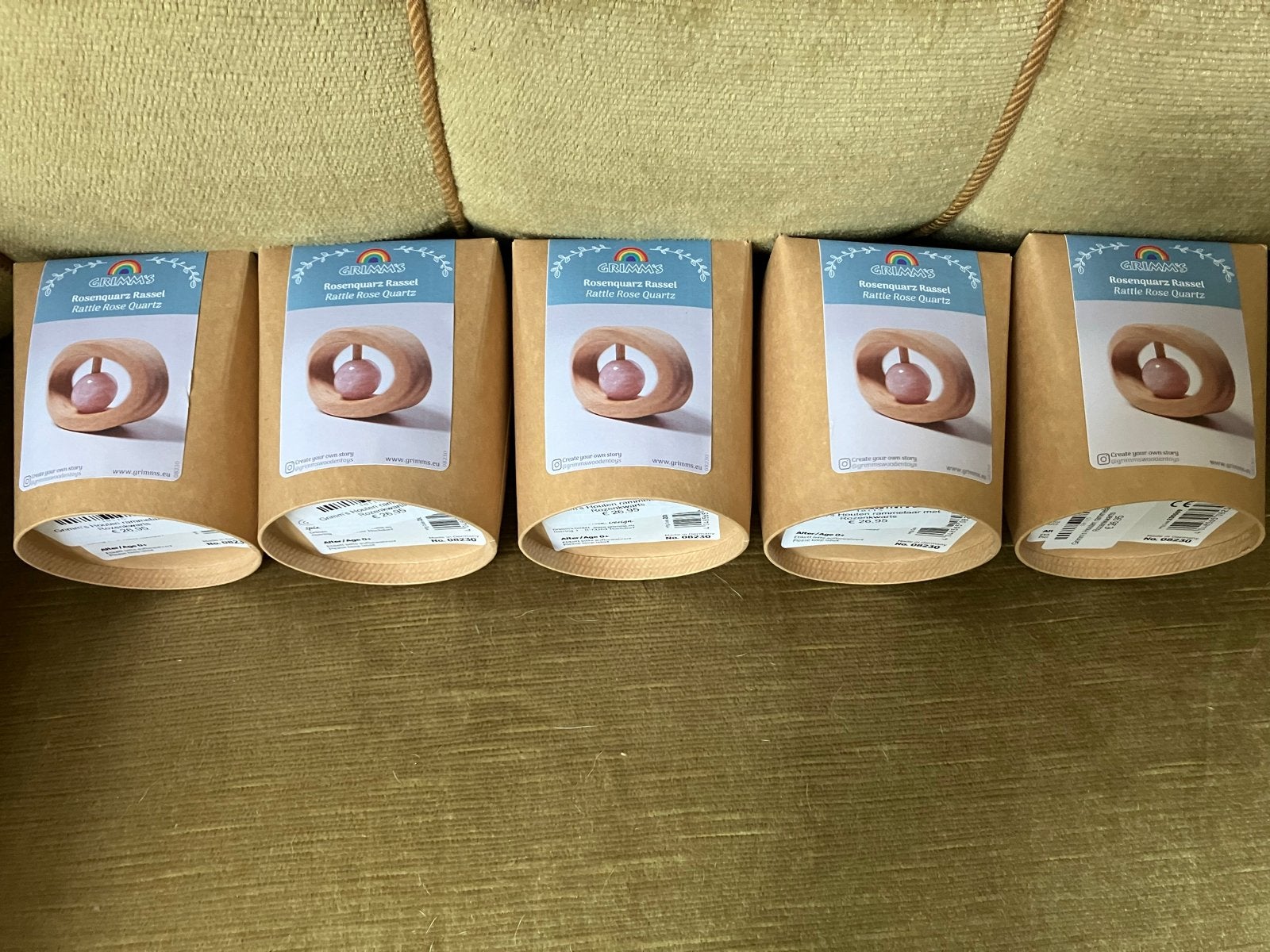 5x Nieuwe Grimms Rozenkwarts Rammelaar Houten Baby Speelgoed, Ophalen of Verzenden, Nieuw, Rammelaar