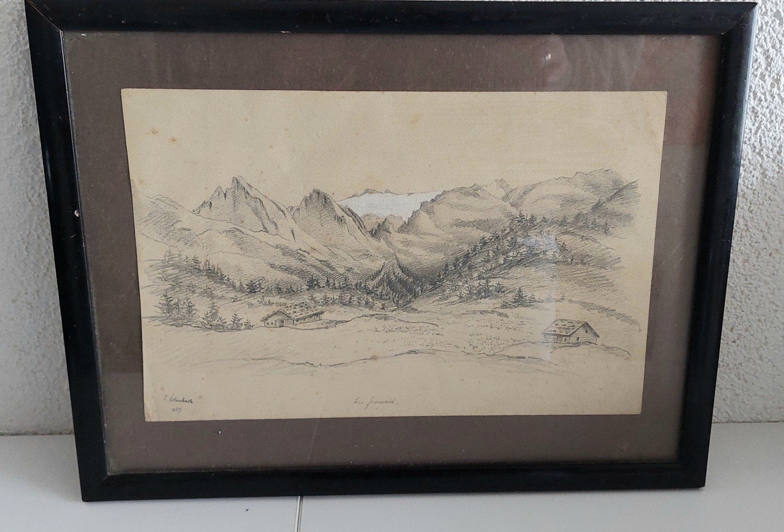 Antieke potloodtekening van berglandschap, gesigneerd, Antiek en Kunst, Kunst | Tekeningen en Foto's, Ophalen of Verzenden, Tekening