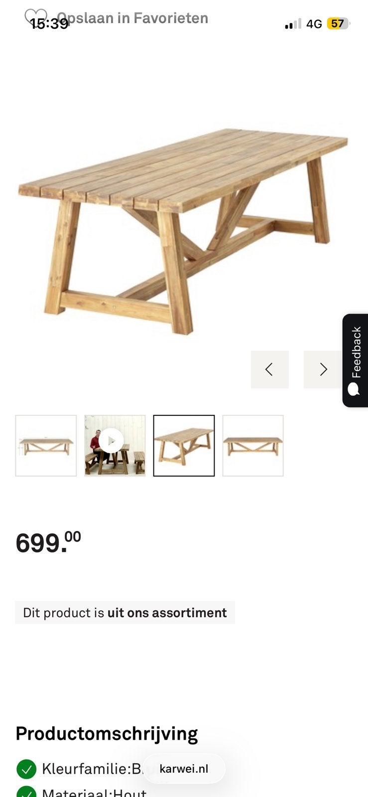 Hardhouten eettafel Cascia van Karwei 240x100, Ophalen, Gebruikt, Rechthoekig, Hout