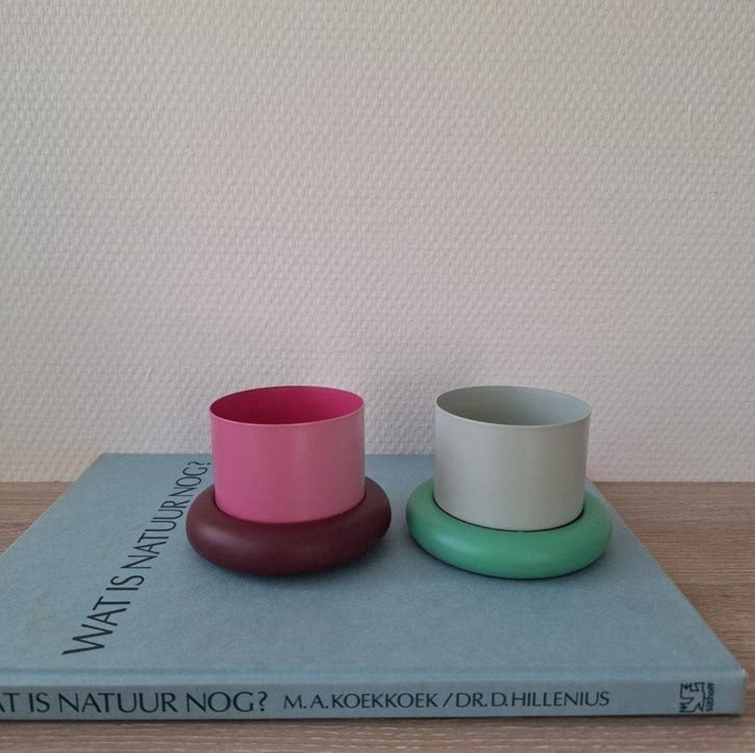 Gekleurde roze/groene Hema bloempotjes, Rond, Ophalen of Verzenden, Zo goed als nieuw, Metaal