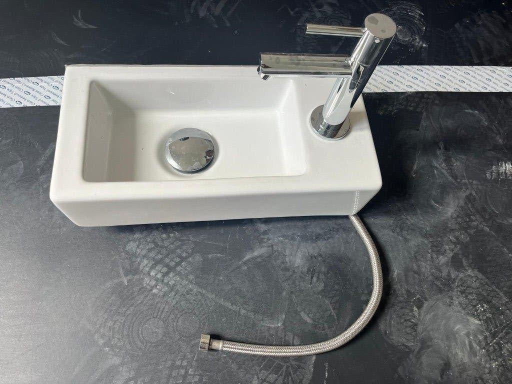 (WC) wasbak wit (incl kraan & slang) 36cm x 18cm x 9cm, Doe-het-zelf en Verbouw, Sanitair, Ophalen, Nieuw, Steen, Wastafel