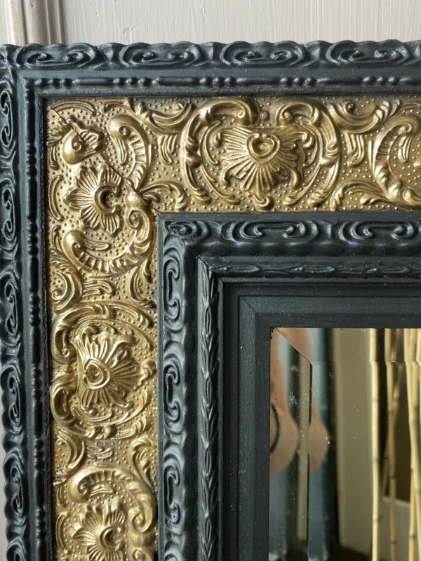 Vintage spiegel facetrand, wandspiegel barok zwart goud VdlM, Ophalen, Zo goed als nieuw, Minder dan 100 cm, Rechthoekig