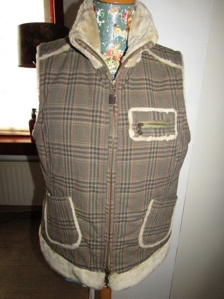 C1929 Cecil mt L bodywarmer beige bruin ruit bontkraag, Verzenden, Beige, Maat 42/44 (L), Zo goed als nieuw