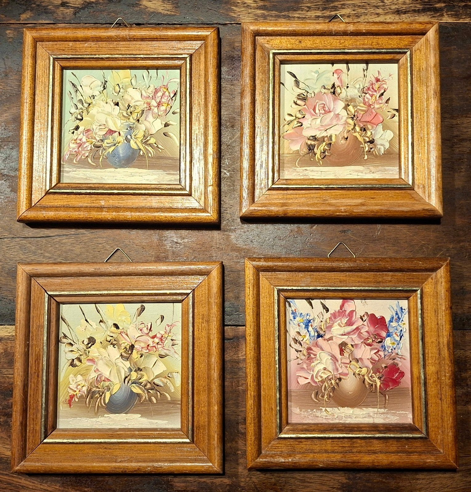 Set van 4 vintage bloemen schilderijtjes (impasto structuur), Bloemen, Overige stijlen, Verzenden, Handgeschilderd