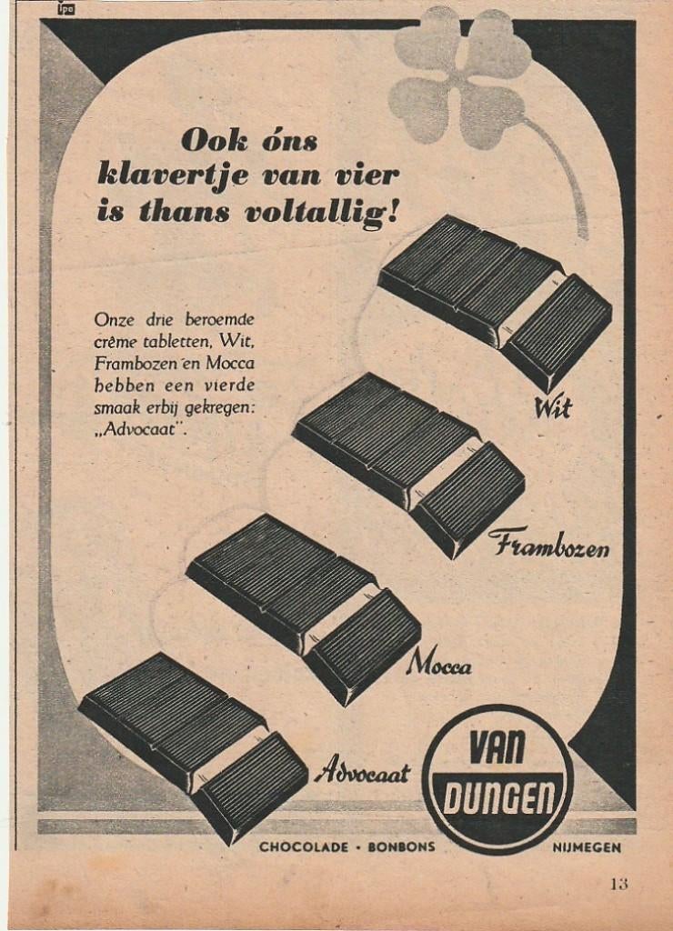 Retro reclame 1948 Van Dungen chocolade klavertje vier, Verzamelen, Retro, Verzenden, Overige typen
