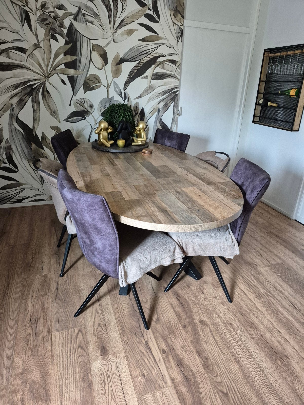 Ovale eettafel met houtlook en metalen onderstel, Gebruikt, 100 tot 150 cm, Modern, Industrieel, 200 cm of meer