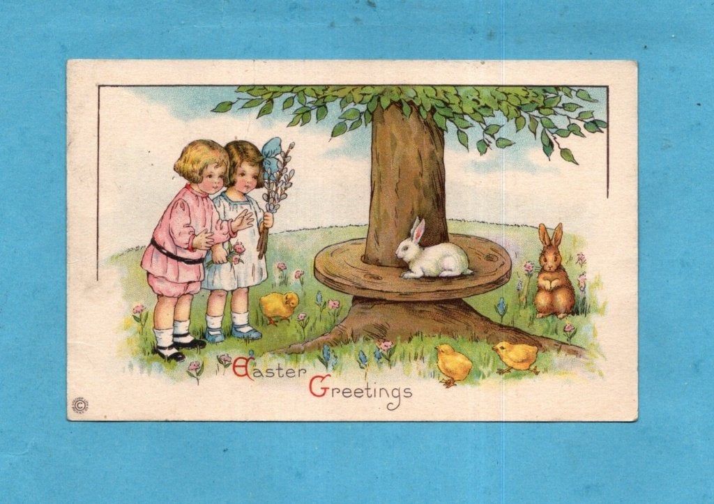 Mooie oude paaskaart W601 - Kinderen/haasjes/kuikens, Ophalen of Verzenden, Voor 1920, Ongelopen, Kinderen