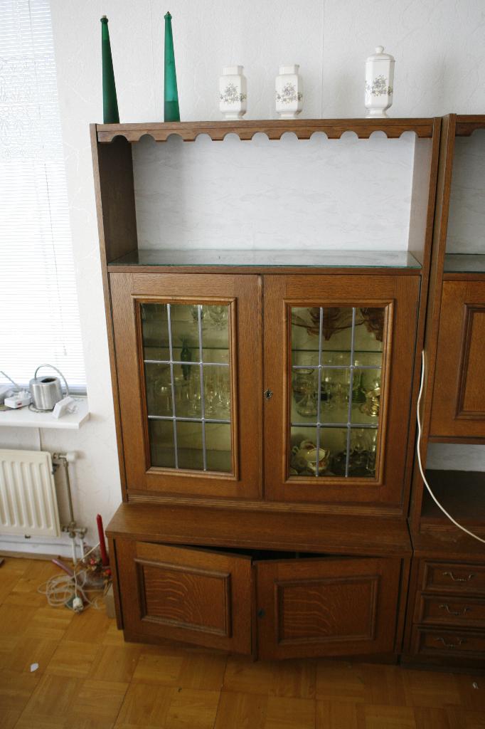 Retro jaren ’70–’80 wand-/buffetkast met vitrine, 7 delen, Ophalen, Gebruikt, Met deur(en), 150 tot 200 cm