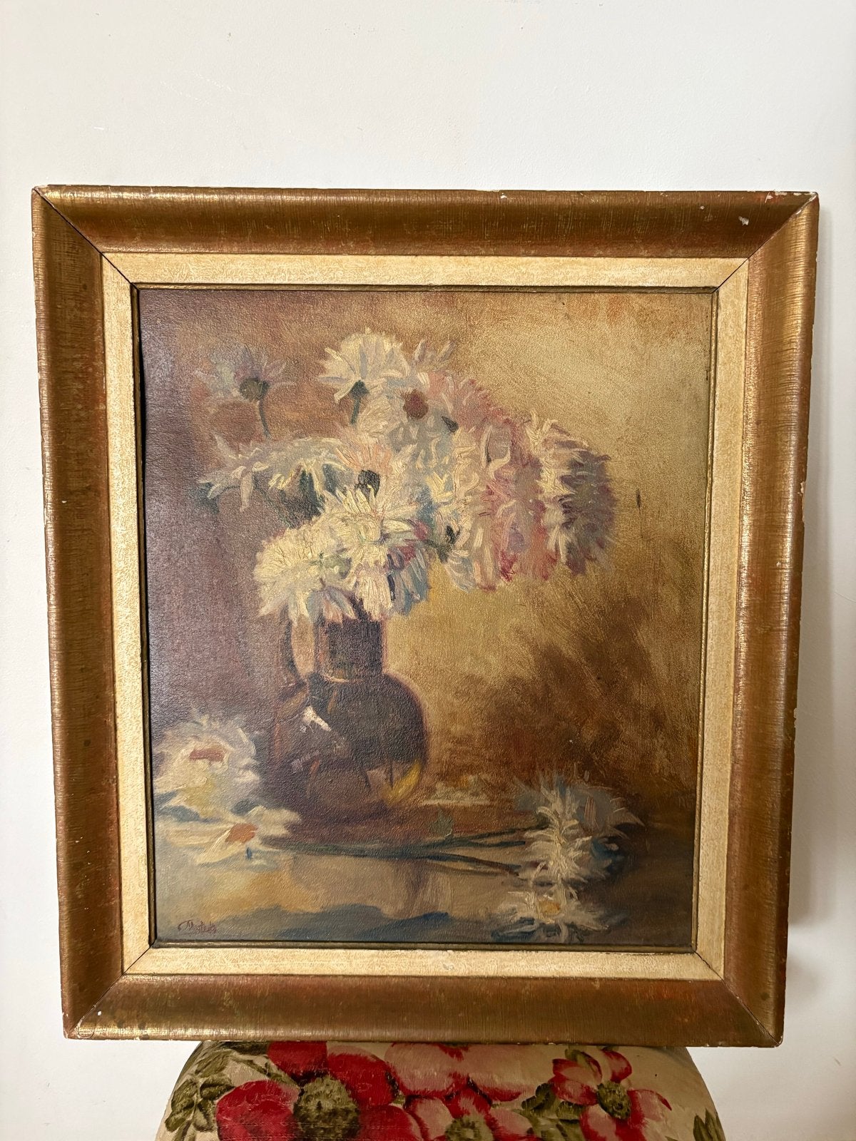 Schilderij Stilleven Bloemen Olieverf Gesigneerd Ingelijst, Bloemen, Doek, Ophalen of Verzenden, Gesigneerd