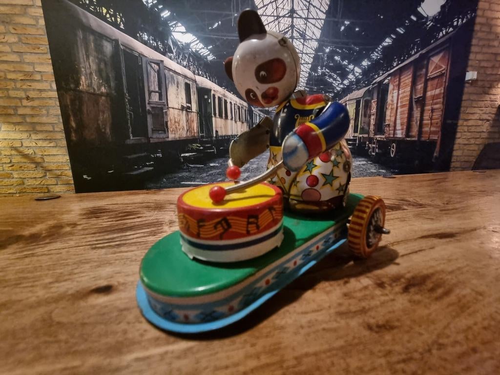 Vintage blikken speelgoed: Panda met trommel op wielen, Antiek en Kunst, Ophalen of Verzenden
