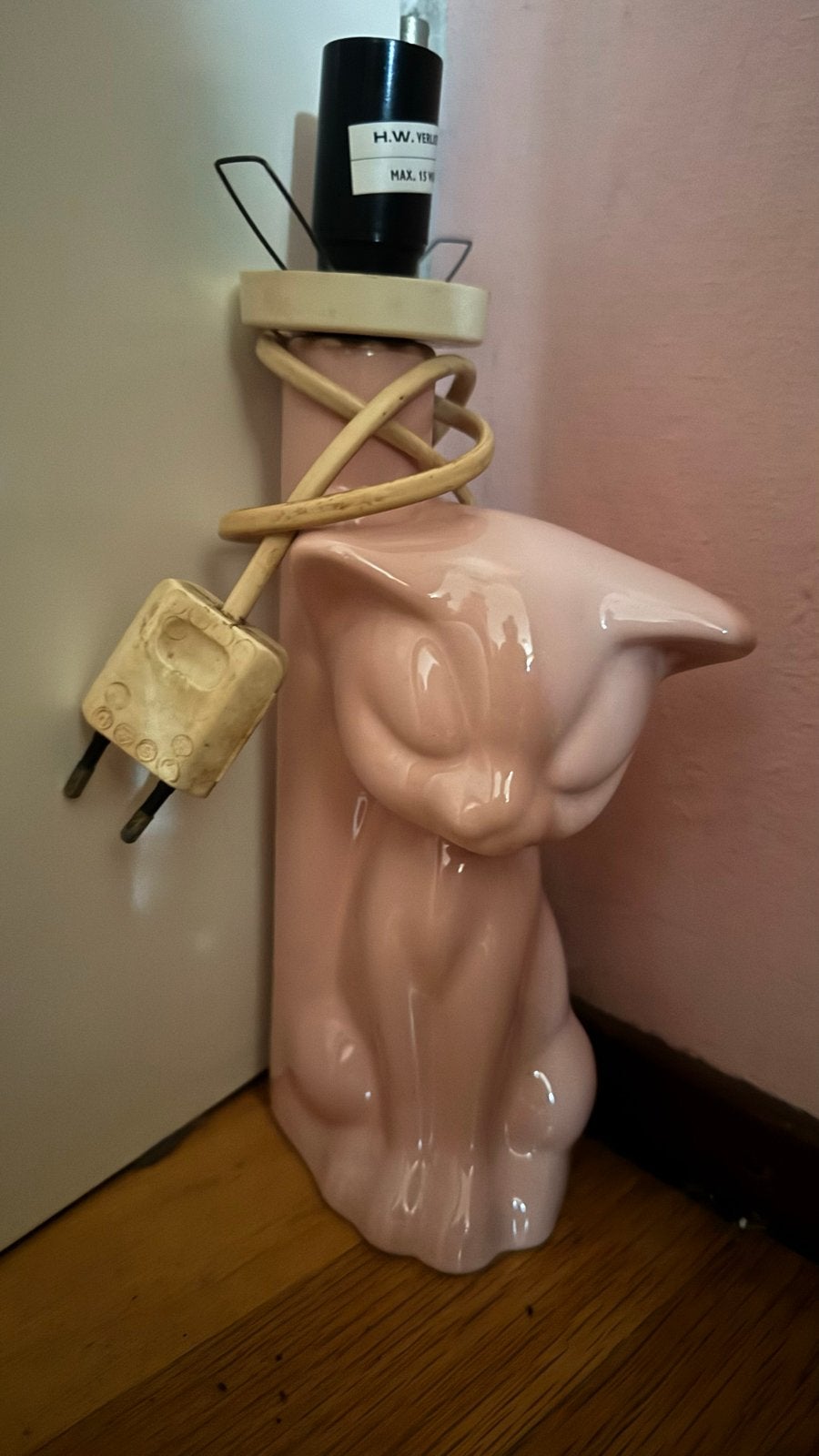 Roze Poes Lampenvoet Vintage Keramiek 15 watt met lampje, Met schakelaar, Overige merken, Roze, E14 (klein)