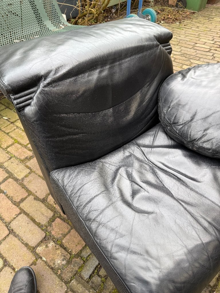 Arca Fauteuil B&B Italia Paolo Piva design zwart leer, Ophalen, Gebruikt, Vintage loungen Mancave Brutalisme Italiaans, 75 tot 100 cm